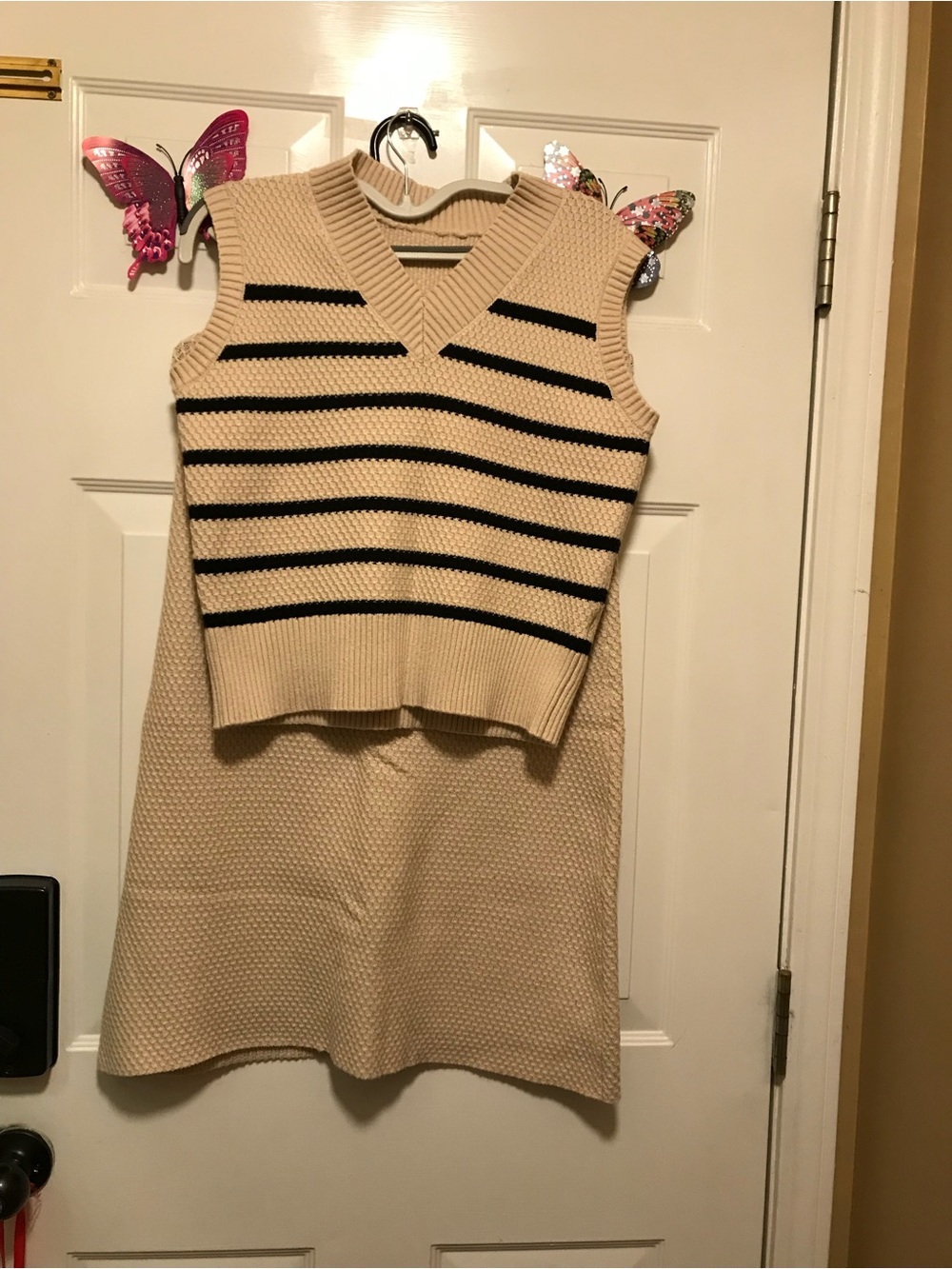 Amazon Beige Knit Midi Dress Set with Black Stripes